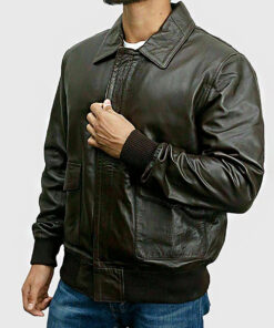 Darius Men's Dark Brown A-1 Bomber Leather Jacket - Dark Brown A-1 Bomber Leather Jacket for Men - Side View