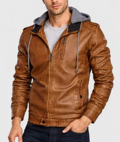 David Men's Distressed Brown Hooded Leather Jacket-Front