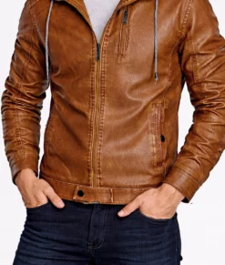 David Men's Distressed Brown Hooded Leather Jacket-Zoom