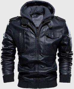 Gemini Men's Black Hooded Leather Biker Jacket - Black Hooded Leather Biker Jacket for Men - Front View