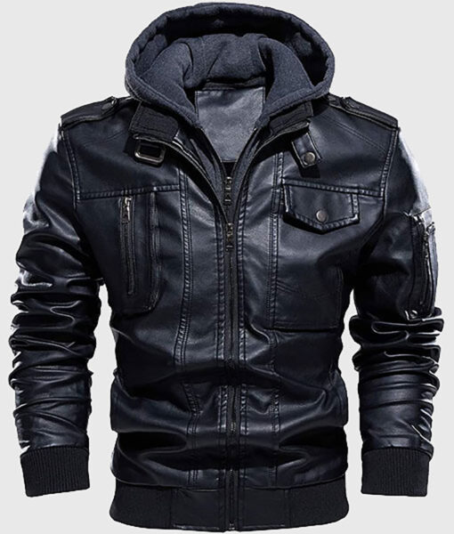 Gemini Men's Black Hooded Leather Biker Jacket - Black Hooded Leather Biker Jacket for Men - Front View