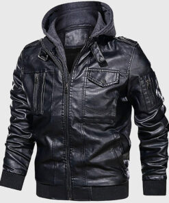 Gemini Men's Black Hooded Leather Biker Jacket - Black Hooded Leather Biker Jacket for Men - Side View