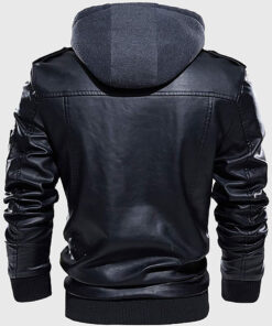 Gemini Men's Black Hooded Leather Biker Jacket - Black Hooded Leather Biker Jacket for Men - Back View