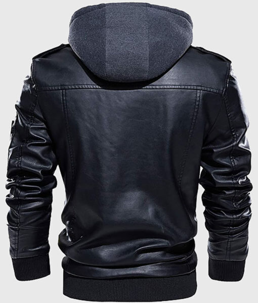 Gemini Men's Black Hooded Leather Biker Jacket - Black Hooded Leather Biker Jacket for Men - Back View