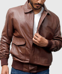 Hercules Men's Brown A-1 Bomber Leather Jacket - Brown A-1 Bomber Leather Jacket for Men - Front View