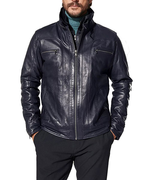 King Huston Navy Blue Leather Moto Jacket