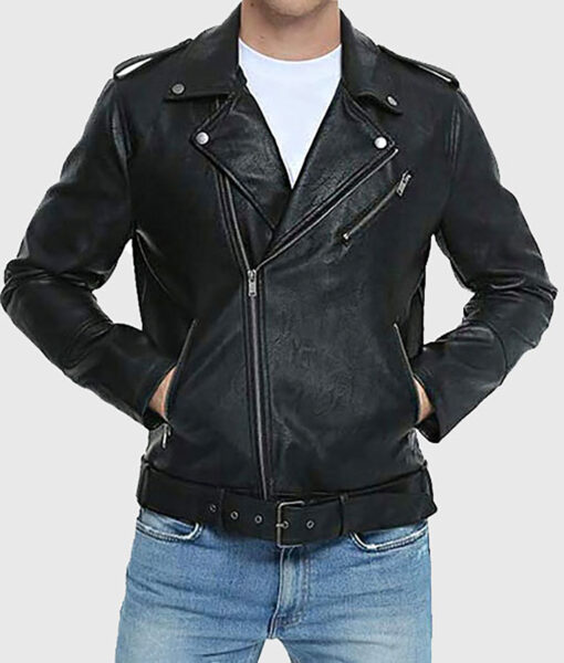 Lyndon Men's Black Leather Biker Jacket - Black Leather Biker Jacket for Men - Front View