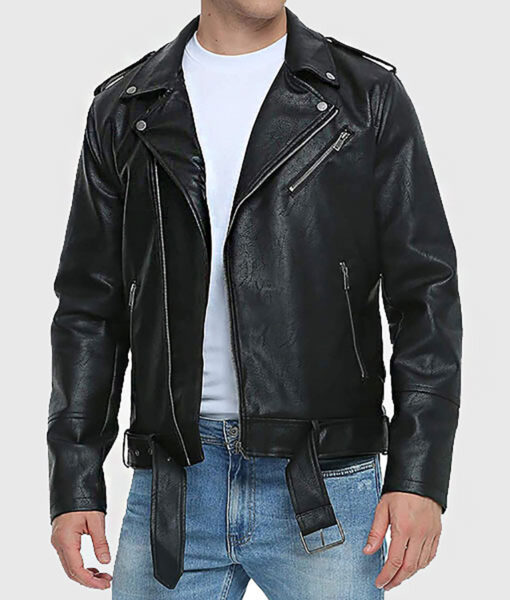 Lyndon Men's Black Leather Biker Jacket - Black Leather Biker Jacket for Men - Front Open View