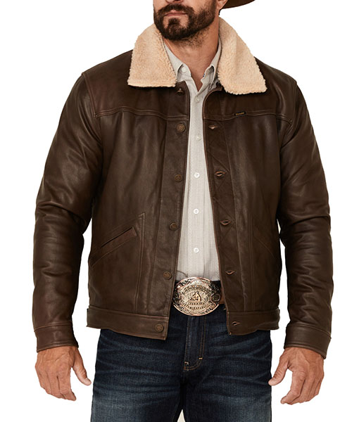 Men's Brown Shearling Collar Leather Jacket