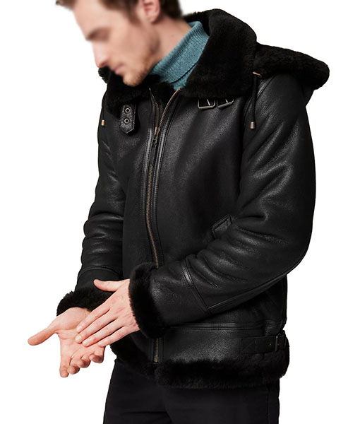 Men's Classic B-3 Black Leather Jacket with Removable Hood
