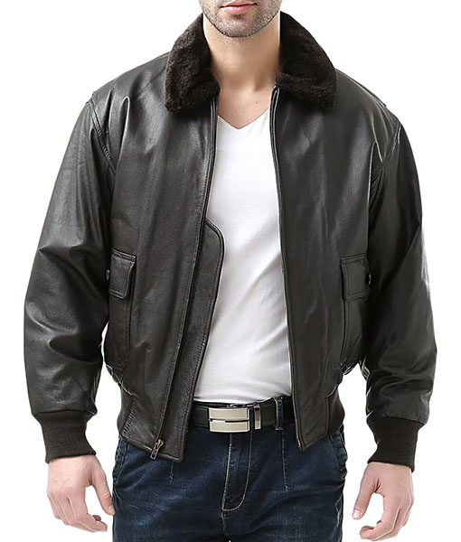 Men's Navy Leather Bomber Jacket