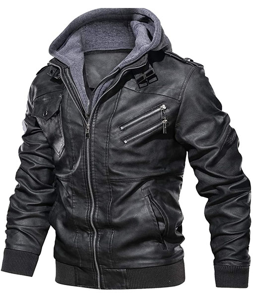 Ronald Black Leather Jacket with Hood