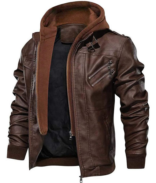 Ronald Choco Brown Leather Jacket with Hood
