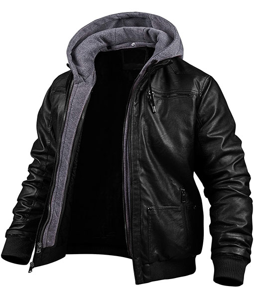 Ronald Classic Black Leather Jacket with Hood