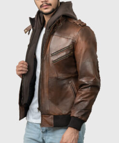 Roosevelt Men's Brown Hooded Leather Biker Jacket - Brown Hooded Leather Biker Jacket for Men - Open Side View