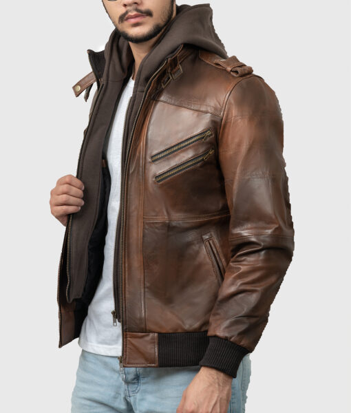 Roosevelt Men's Brown Hooded Leather Biker Jacket - Brown Hooded Leather Biker Jacket for Men - Open Side View