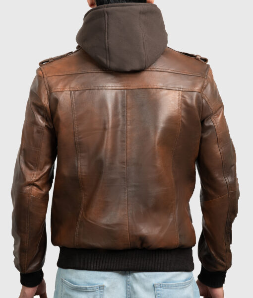 Roosevelt Men's Brown Hooded Leather Biker Jacket - Brown Hooded Leather Biker Jacket for Men - Back View