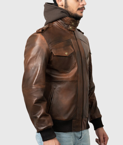 Roosevelt Men's Brown Hooded Leather Biker Jacket - Brown Hooded Leather Biker Jacket for Men - Side View