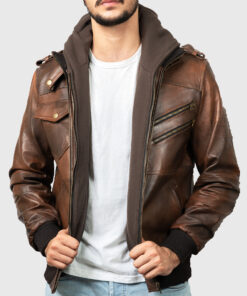 Roosevelt Men's Brown Hooded Leather Biker Jacket - Brown Hooded Leather Biker Jacket for Men - Front Open View