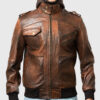 Roosevelt Men's Brown Hooded Leather Biker Jacket - Brown Hooded Leather Biker Jacket for Men - Front Close View