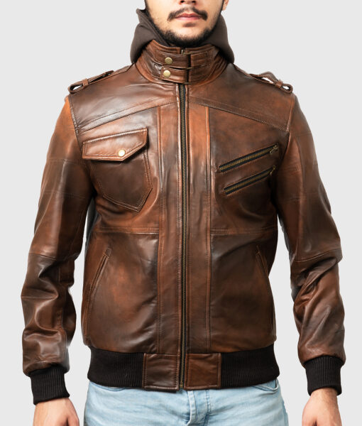 Roosevelt Men's Brown Hooded Leather Biker Jacket - Brown Hooded Leather Biker Jacket for Men - Front Close View