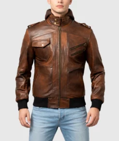 Roosevelt Men's Brown Hooded Leather Biker Jacket-Front