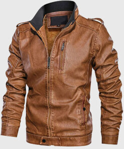 Taurus Men's Cognac Hooded Leather Biker Jacket - Cognac Hooded Leather Biker Jacket for Men - Without Hood View