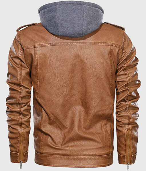 Taurus Men's Cognac Hooded Leather Biker Jacket - Cognac Hooded Leather Biker Jacket for Men - Back View