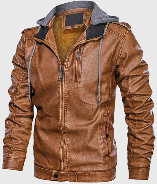 Taurus Men's Cognac Hooded Leather Biker Jacket - Cognac Hooded Leather Biker Jacket for Men - Side View