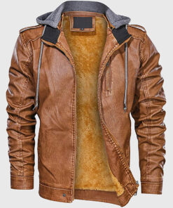 Taurus Men's Cognac Hooded Leather Biker Jacket - Cognac Hooded Leather Biker Jacket for Men - Front View