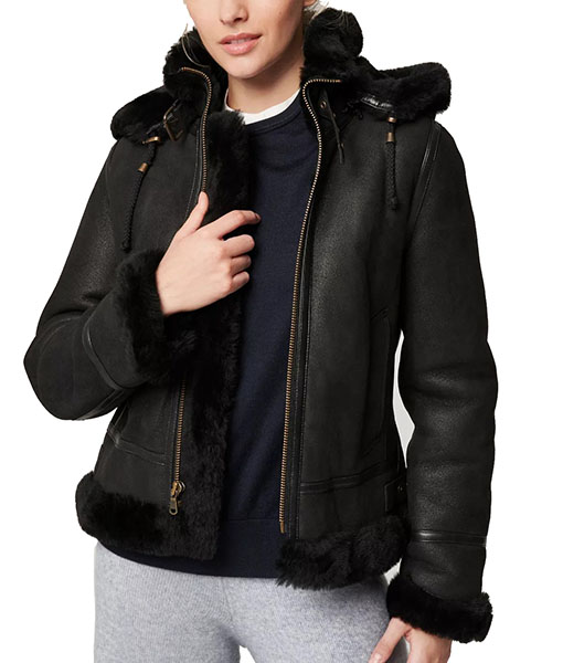 Women's Classic B-3 Black Leather Jacket with Removable Hood