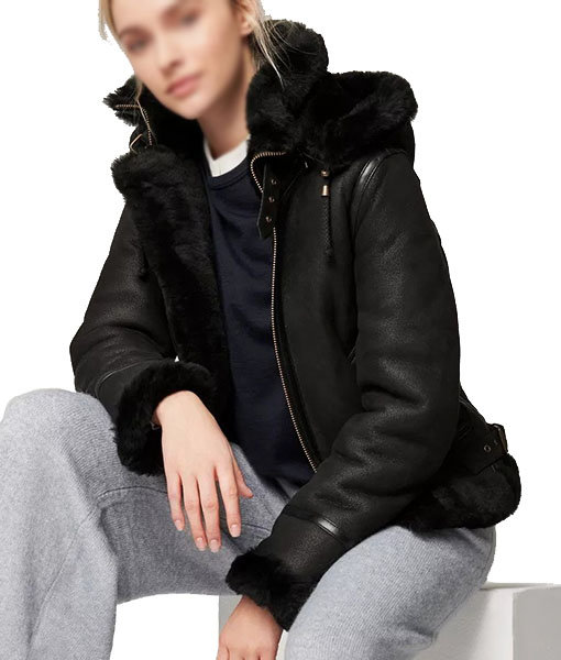 Women's Classic B-3 Black Leather Jacket with Removable Hood