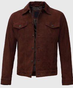 Alec Men's Dark Brown Suede Leather Trucker Jacket - Dark Brown Suede Leather Trucker Jacket for Men - Open Front View