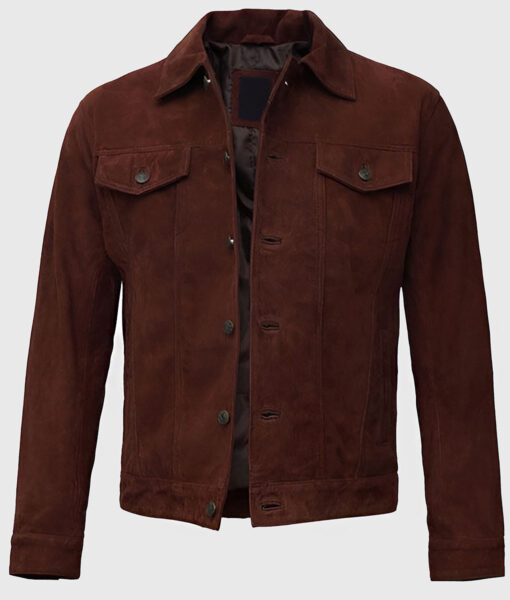 Alec Men's Dark Brown Suede Leather Trucker Jacket - Dark Brown Suede Leather Trucker Jacket for Men - Open Front View