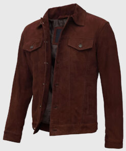 Alec Men's Dark Brown Suede Leather Trucker Jacket - Dark Brown Suede Leather Trucker Jacket for Men - Side View