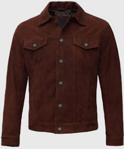 Alec Men's Dark Brown Suede Leather Trucker Jacket - Dark Brown Suede Leather Trucker Jacket for Men - Front View