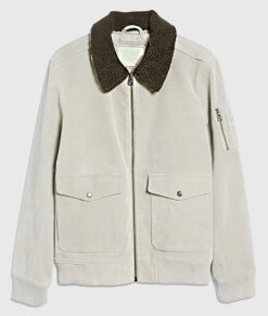Churchill Men's White MA-1 Bomber Suede Leather Jacket - White MA-1 Bomber Suede Leather Jacket for Men - Front View