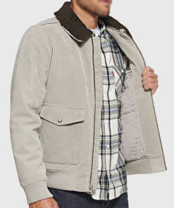 Churchill Men's White MA-1 Bomber Suede Leather Jacket - White MA-1 Bomber Suede Leather Jacket for Men - Side View