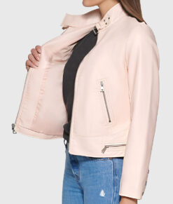 Draven Womens Pink Biker Leather Jacket - Pink Biker Leather Jacket for Womens - Side View