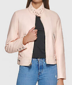 Draven Womens Pink Biker Leather Jacket - Pink Biker Leather Jacket for Womens - Front View