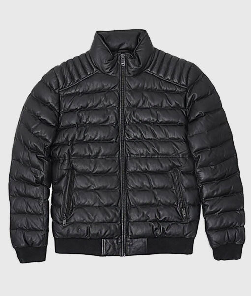 Flintlock Mens Black Leather Puffer Jacket - Black Puffer Leather Jacket for Mens - Front View
