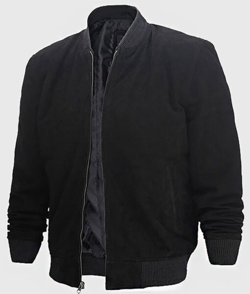 Hammer Men's Black MA-1 Bomber Leather Jacket - Black MA-1 Bomber Leather Jacket for Men - Open Front View