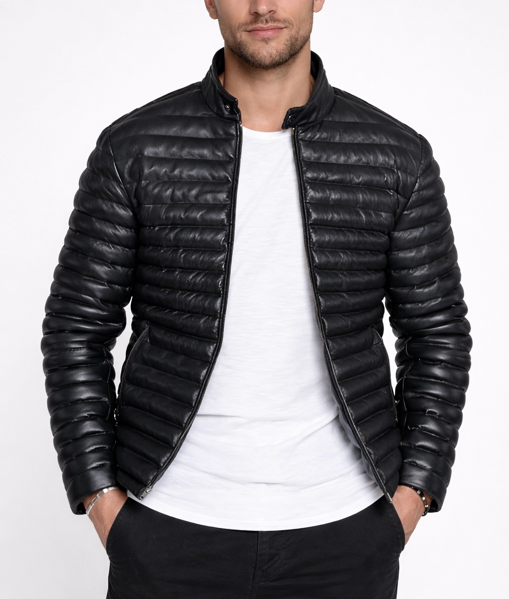 Havoc Mens Black Leather Puffer Jacket-Front