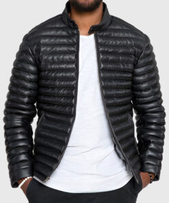 Havoc Mens Black Leather Puffer Jacket - Black Leather Puffer Jacket for Mens - Front View