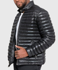 Havoc Mens Black Leather Puffer Jacket - Black Leather Puffer Jacket for Mens - Side View