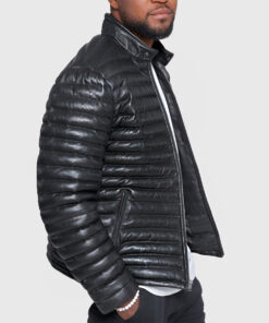 Havoc Mens Black Leather Puffer Jacket - Black Leather Puffer Jacket for Mens - Side View2
