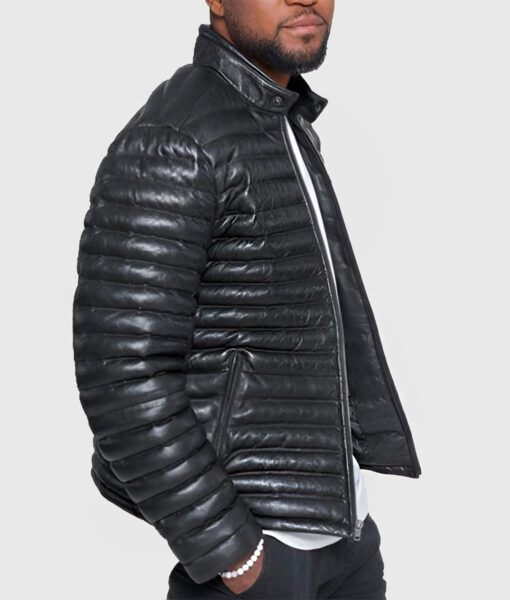 Havoc Mens Black Leather Puffer Jacket - Black Leather Puffer Jacket for Mens - Side View2