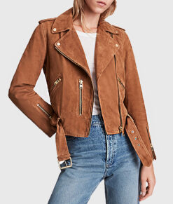 Jenna Women's Brown Suede Leather Biker Jacket - Brown Suede Leather Biker Jacket for Women - Front View