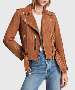 Jenna Women's Brown Suede Leather Biker Jacket - Brown Suede Leather Biker Jacket for Women - Front View