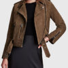 Jenna Women's Dark Brown Suede Leather Biker Jacket - Dark Brown Suede Leather Biker Jacket for Women - Front View